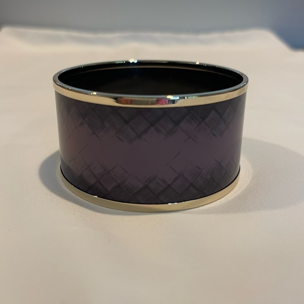 Bottega Veneta enamel & silver tone bangle cuff bracelet purple Intrecciato sz M